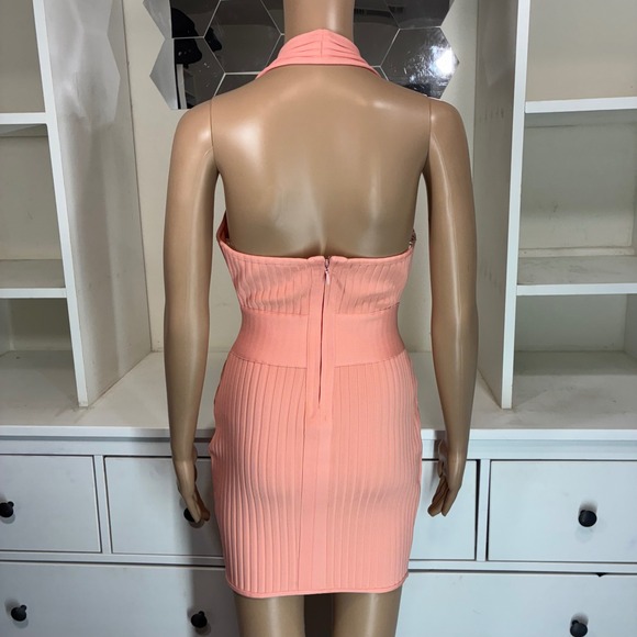Peach Ribbed Halter Neck Deep V Mini Dress Bodycon Stretch - Picture 3 of 6